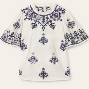 BODEN Flutter Sleeve Embroidered Peasant Top Ivory Navy Embroidery size 4